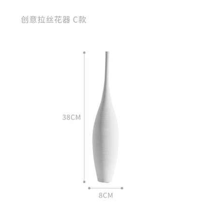 White Jingdezhen modern minimalist handmade vase with a tall, narrow design, 38cm tall and 8cm wide, displayed with dimensions.