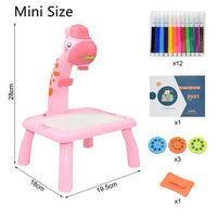 Mini-sized Kids Art Table Set with a pink giraffe projector, markers, stencil discs, and an art booklet for educational fun.