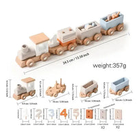 Wooden train toy with detachable parts and measurements, designed for educational and interactive play for children.