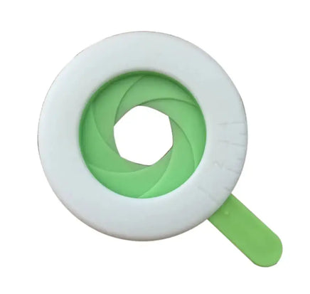 Top view of a white and green pasta measurer with a sliding lever for portion control. Ideal for measuring spaghetti servings with precision.