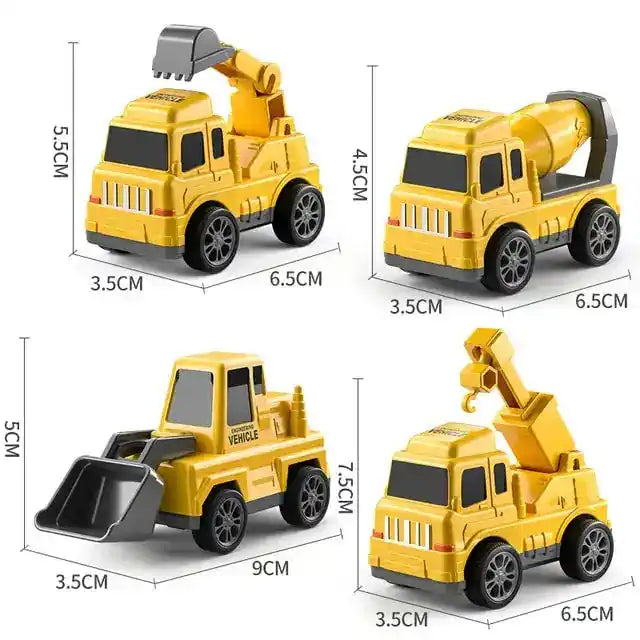 Close-up of four yellow construction vehicles, including a cement mixer and excavator. Designed for small hands and easy play.