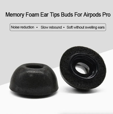 Close-up of memory foam ear tips for Apple AirPods Pro, emphasizing noise reduction, slow rebound, and soft material for comfort.