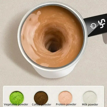 Self-Stirring Electric Coffee Mug mixing coffee powder, milk powder, protein powder, and vegetable powder with a smooth vortex.