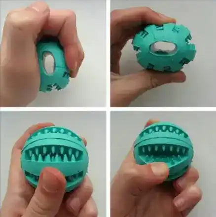 Demonstration of a turquoise interactive rubber slow feeder dog ball being squeezed to show its flexibility and treat slots.