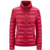 Simple Women's Stand-up Collar Puffer Jacket in vibrant red with zip-up front and horizontal quilting, offering timeless warmth and minimalist style.