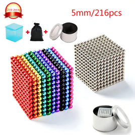 Set of 216 colorful magnetic metal balls in 5mm size, arranged in a cube with storage tin, gift box, and pouch included.