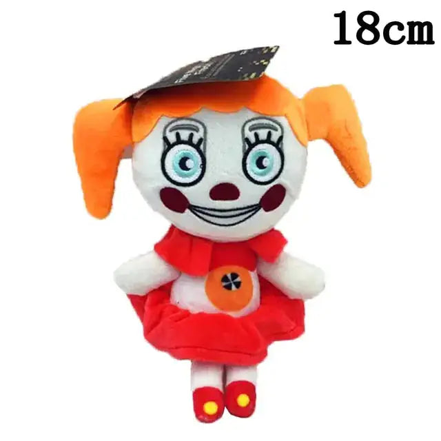 Orange-haired doll NAF plush toy in a red dress with cheerful details, perfect for imaginative play, 18cm tall.