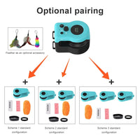 Optional pairing configurations for the interactive cat toy, featuring different accessories like feathers, yarn balls, and remote control.