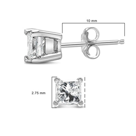 Detailed view of 14K white gold princess cut lab-grown diamond stud earrings with a classic four-prong setting and secure posts.