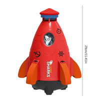 Red Rocket Launcher Toy with shark graphics, featuring water spray functionality and a fun design for outdoor play.