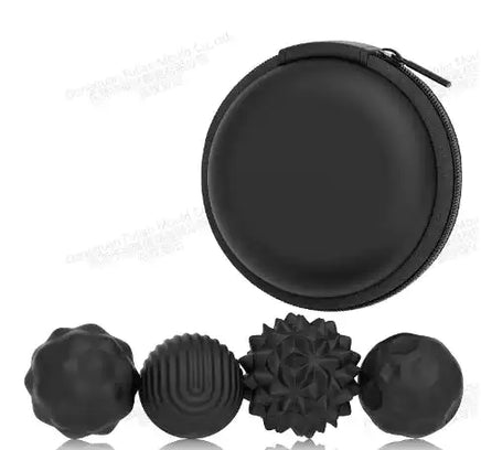 Set of four black sensory magnetic balls with unique textures and a round black case, ideal for stress relief and fine motor development in kids.