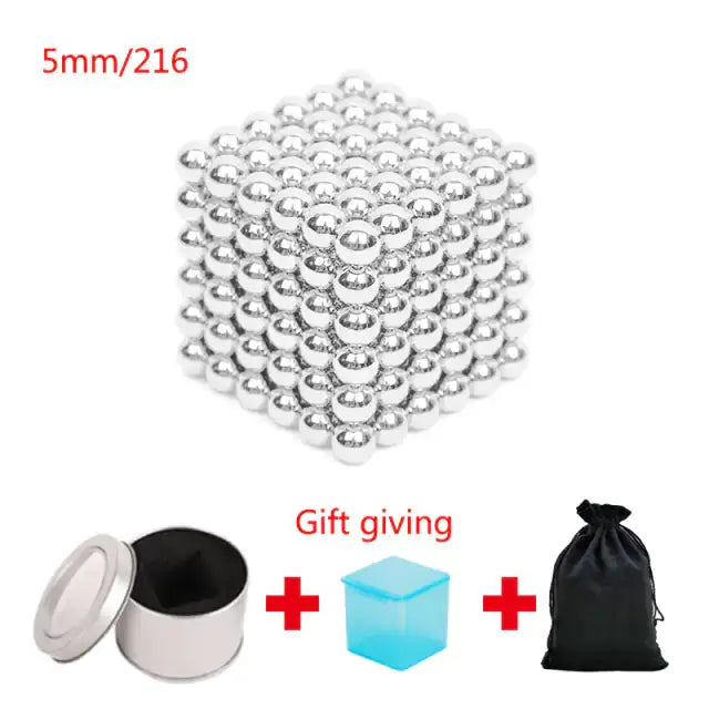 Silver magnetic metal balls in a 5mm cube set of 216 pieces, with a storage tin, gift box, and pouch included.