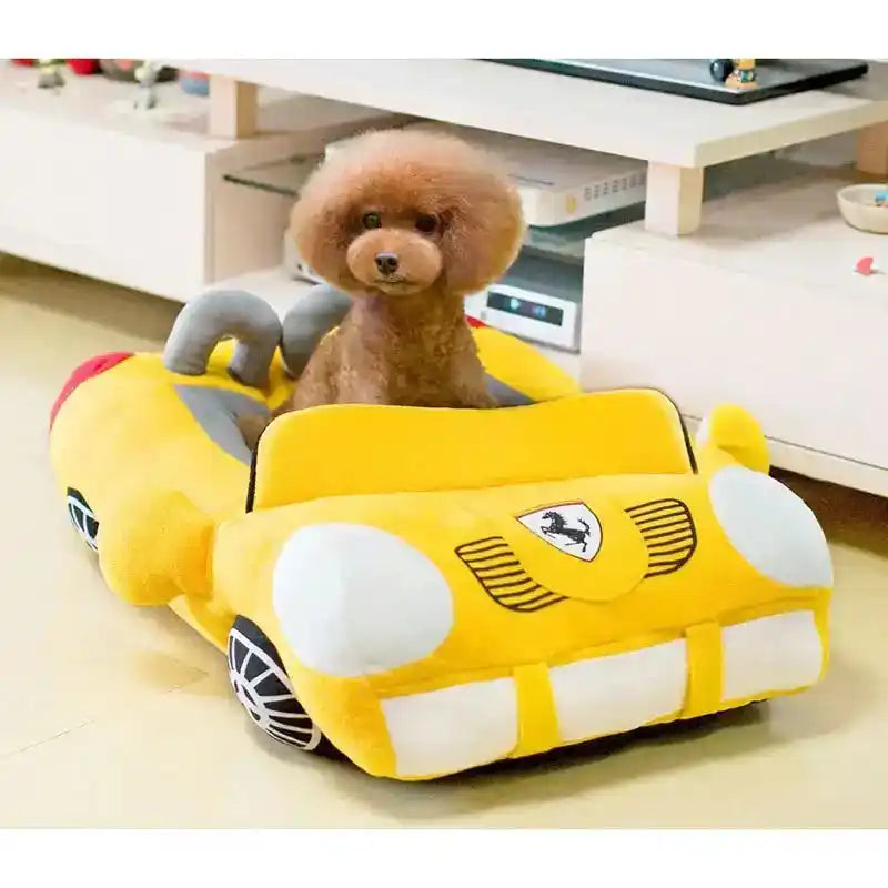 Car Pet Nest in yellow sports car design with plush cushioning, providing comfort and security for small pets during travel or home use.