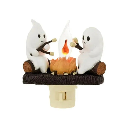 Freestanding Halloween Ghost Campfire Night Light with two ghosts and faux fire, designed for festive decorative lighting in any space.