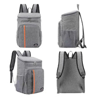 Portable thermal lunch bag in gray with multiple compartments, mesh side pockets, and orange accent stripe, shown from various angles.