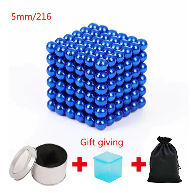 Dark blue magnetic metal balls in a 5mm cube set of 216 pieces, with a storage tin, gift box, and pouch included.