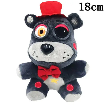 Gray and red bear NAF plush toy with a top hat and bow tie, featuring intricate details, 18cm tall.