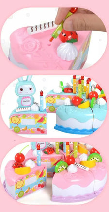 Collage of cake toys for kids in pink and blue themes, showcasing detachable slices, fruit toppings, and candles.