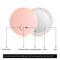 Diagram of the Pocket LED Makeup Mirror with labeled features including power switch, charging indicator, and LED light functionality.