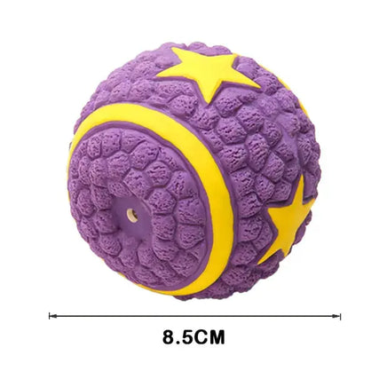 Purple squeaky dog toy ball with yellow star accents, 8.5 cm in size, designed for interactive pet play and entertainment.