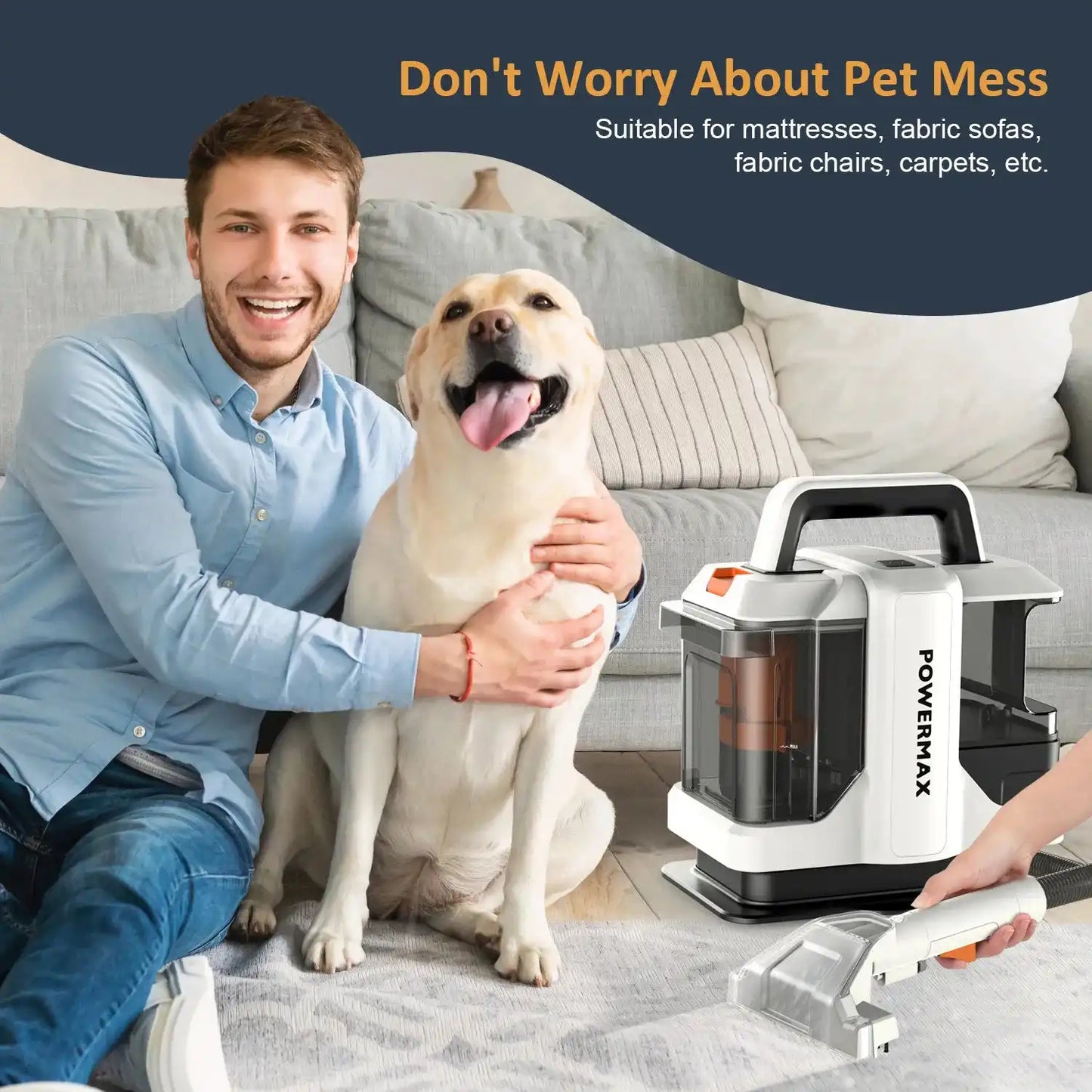 Automatic Water Spray Cleaning Tool ideal for pet messes on sofas and carpets, featuring 450W motor and ergonomic spray brush.