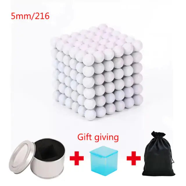 White magnetic metal balls in a 5mm cube set of 216 pieces, with a storage tin, gift box, and pouch included.