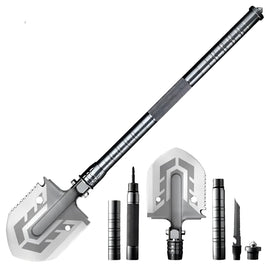 Outdoor multi-purpose folding military shovel with detachable handle and versatile tool attachments for camping and survival.