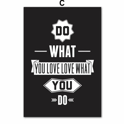 Motivational inspiring quotes wall art canvas with black background and white text reading 'Do What You Love, Love What You Do.'