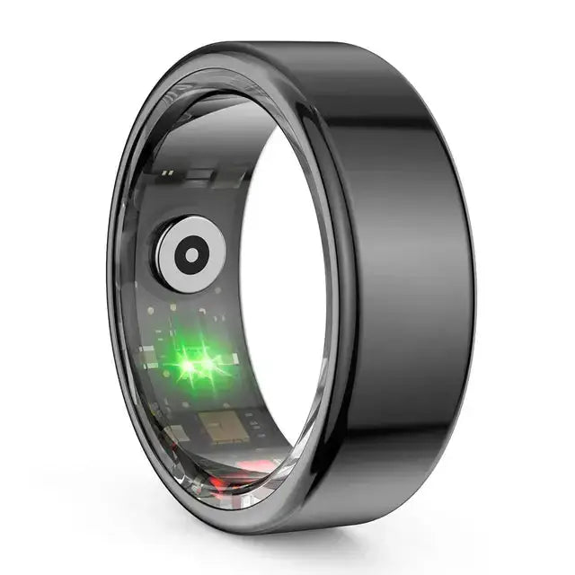 Black multifunctional health tracker ring with illuminated sensors for fitness and health tracking.