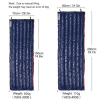 Size comparison of two portable sleeping bags, showing dimensions and weight. Lightweight and warm, perfect for camping and hiking trips.