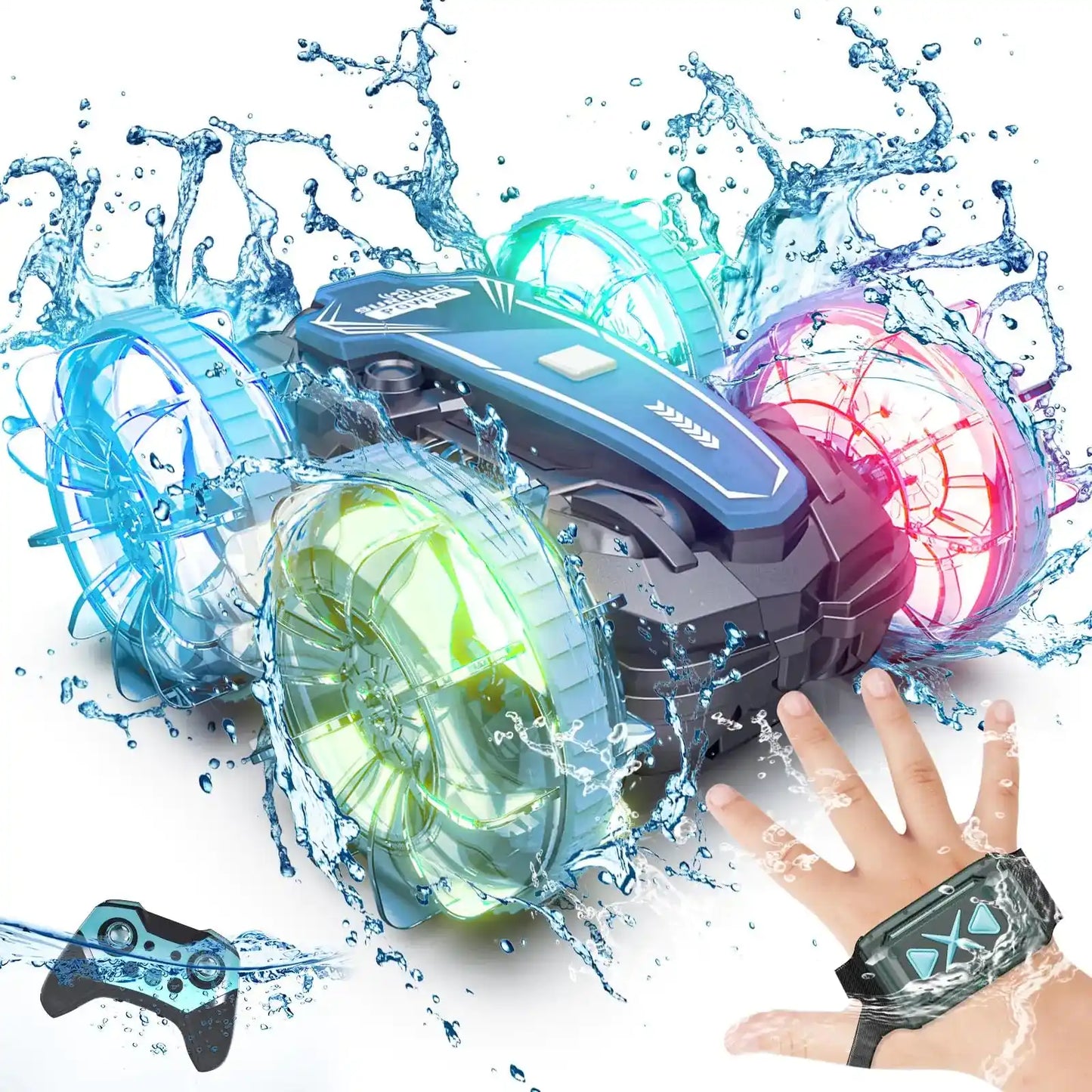 Waterproof remote control car with LED wheels splashing through water, featuring gesture control wristband and 2.4GHz control