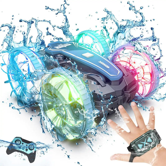Waterproof remote control car with LED wheels splashing through water, featuring gesture control wristband and 2.4GHz control