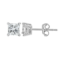 Side profile of 14K white gold princess cut diamond stud earrings with a secure screw-back closure and durable four-prong setting.