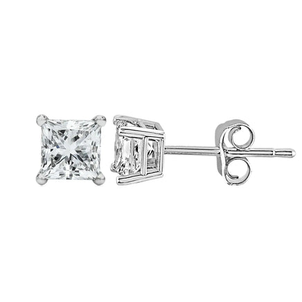 Side profile of 14K white gold princess cut diamond stud earrings with a secure screw-back closure and durable four-prong setting.