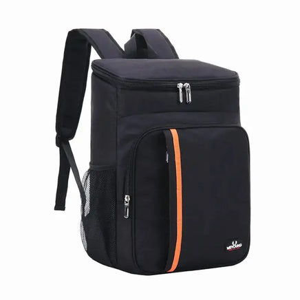 Black portable thermal lunch bag with orange stripe, mesh side pockets, and insulated compartments for keeping meals fresh.