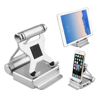 Silver podium style stand holding an iPad and smartphone, featuring adjustable angles and extended battery with USB ports.