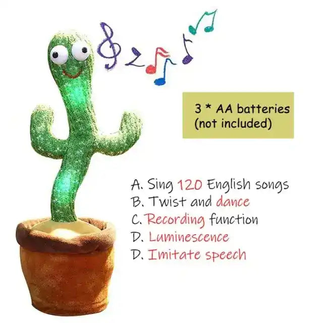 Dancing cactus toy with glowing features, capable of singing 120 songs, twisting, recording, glowing, and imitating speech, powered by 3 AA batteries.