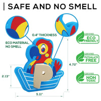 Close-up of foam bath toy featuring a parrot in a boat with the letter P, showcasing eco-friendly, phthalate-free, and non-toxic materials.