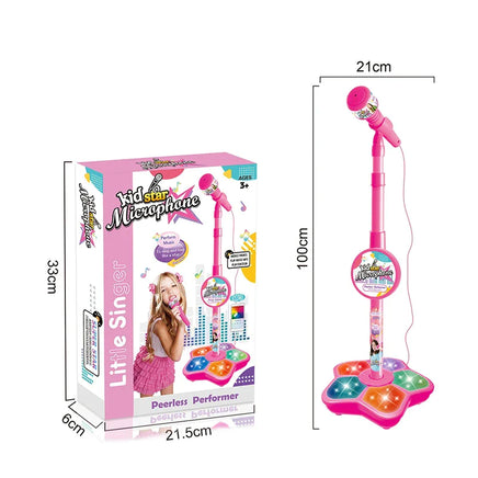 Kids Microphone with Stand in pink, featuring adjustable height, colorful lights, and a box labeled 'Little Singer' for ages 3+.