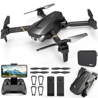 4DRC V4 Foldable Mini Drone with 1080P Camera shown with controller, extra propellers, batteries, and carrying case. Ideal for stable aerial shots.
