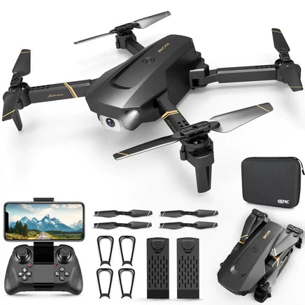 4DRC V4 Foldable Mini Drone with 1080P Camera shown with controller, extra propellers, batteries, and carrying case. Ideal for stable aerial shots.