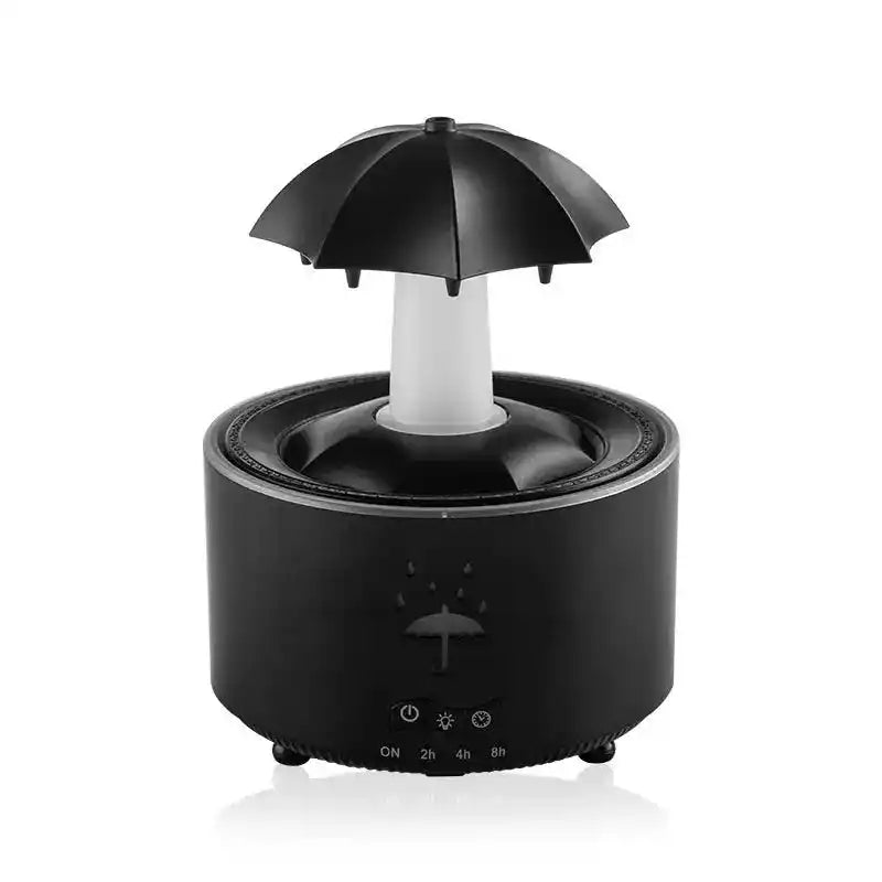 Black Raindrop Aromatherapy Humidifier with an umbrella-inspired design, offering soothing mist and ambient lighting for rela