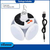 Solar outdoor lantern package including a DC charging cable, suitable for camping and emergency lighting needs.