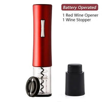 Red battery-operated wine opener with foil cutter and wine stopper, designed for stylish and efficient wine bottle opening.