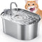 Stainless steel cat water dispenser with a sleek design, featuring a flowing water spout and a happy orange cat in the background.