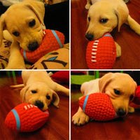 Adorable puppy playing with a red football-shaped squeaky dog toy, designed for endless fun and entertainment for pets.