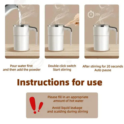 Self-Stirring Electric Coffee Mug with instructions for use, showing steps to pour water, start stirring, and auto-pause after 20 seconds.