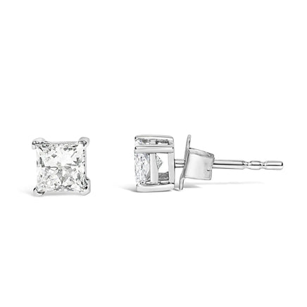 14K white gold princess cut lab-grown diamond solitaire stud earrings with F-G color and VS2-SI1 clarity, elegant and timeless design.