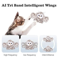 AI-powered owl cat toy with tri-band intelligent wings, offering high frequency, low frequency, and intermittent flapping options.