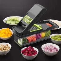 Black 8-in-1 multifunctional kitchen gadget with various slicing blades and a container, surrounded by bowls of chopped vegetables.